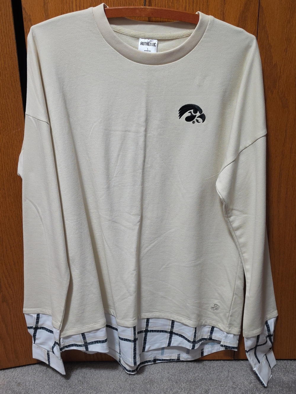 Authentic Beige Layered-Look Long Sleeve Top with Black Logo Iowa Hawkeyes